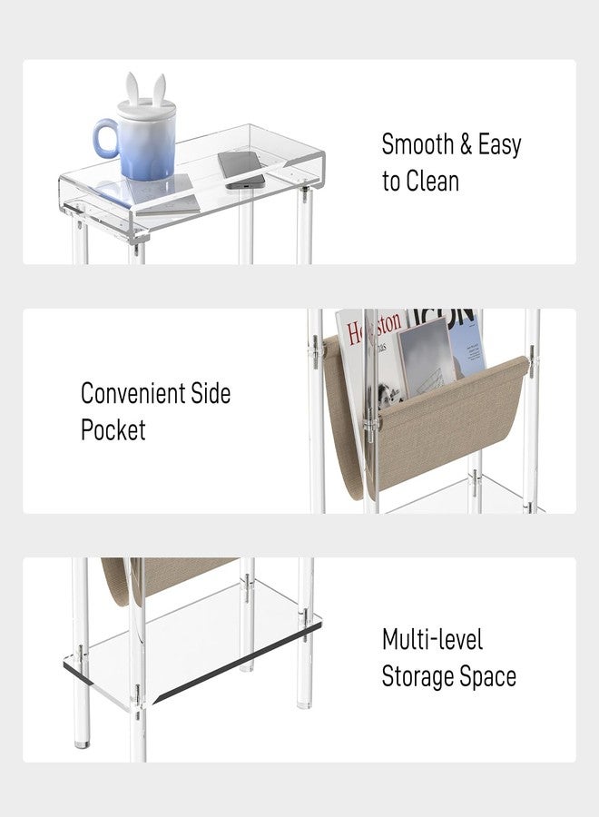 Eglaf Acrylic Narrow Side Table for Small Spaces - Slim End Table with Magazine Holder - Skinny Side Table Small Bedside Table Nightstand for Living Room Bedroom- 15.7” L x 7” W x 23.9” H, Clear - Image 4