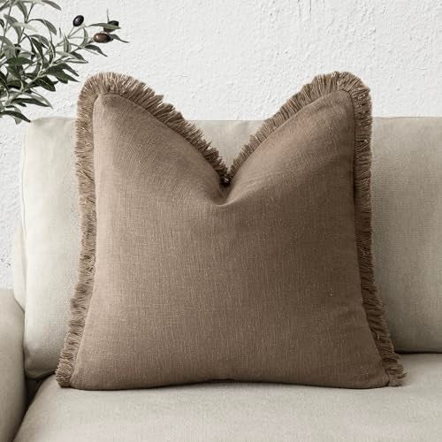 Foindtower Decorative Linen Fringe Throw Pillow Covers Cozy Boho Farmhouse Cushion Cover with Tassels Soft Accent Pillowcase for Chair Sofa Bed Living Room Home Decor 1616 Inch 1PC Light Brown - Image 1
