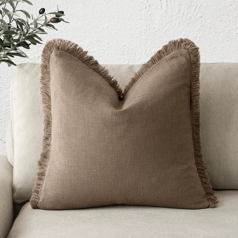 Foindtower Decorative Linen Fringe Throw Pillow Covers Cozy Boho Farmhouse Cushion Cover with Tassels Soft Accent Pillowcase for Chair Sofa Bed Living Room Home Decor 1616 Inch 1PC Light Brown - Image 2