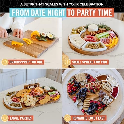 The Elite Snacker Large Wooden Charcuterie Board Set (Sealed Clear Finish) - 3-Piece Magnetic Long Serving Board Tray with Charcuterie Accessories - Acacia Wood Cheese Platter with Cheese Knife Set & Dishes - Brown - Image 3