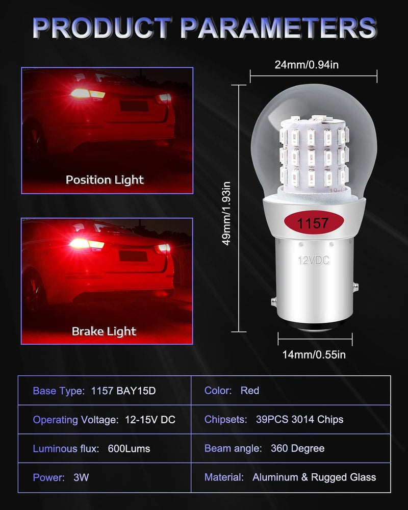Alopee 12-15V DC 1157 LED Bulb Red 2057 LED Bulb 7528 LED Bulb 2357 LED Bulb 33SMD 2835Chip Replacement for LED 1157 Tail/Brake Light Bulb Pack of 2 - Image 2