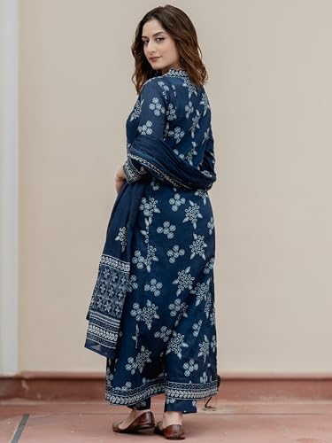 Arayna Women’s Pure Cotton Handblock Ethnic Printed Kurta Set with Pants & Dupatta - Indigo Blue, XX-Large - Image 5