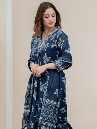 Arayna Women’s Pure Cotton Handblock Ethnic Printed Kurta Set with Pants & Dupatta - Indigo Blue, XX-Large - Image 3