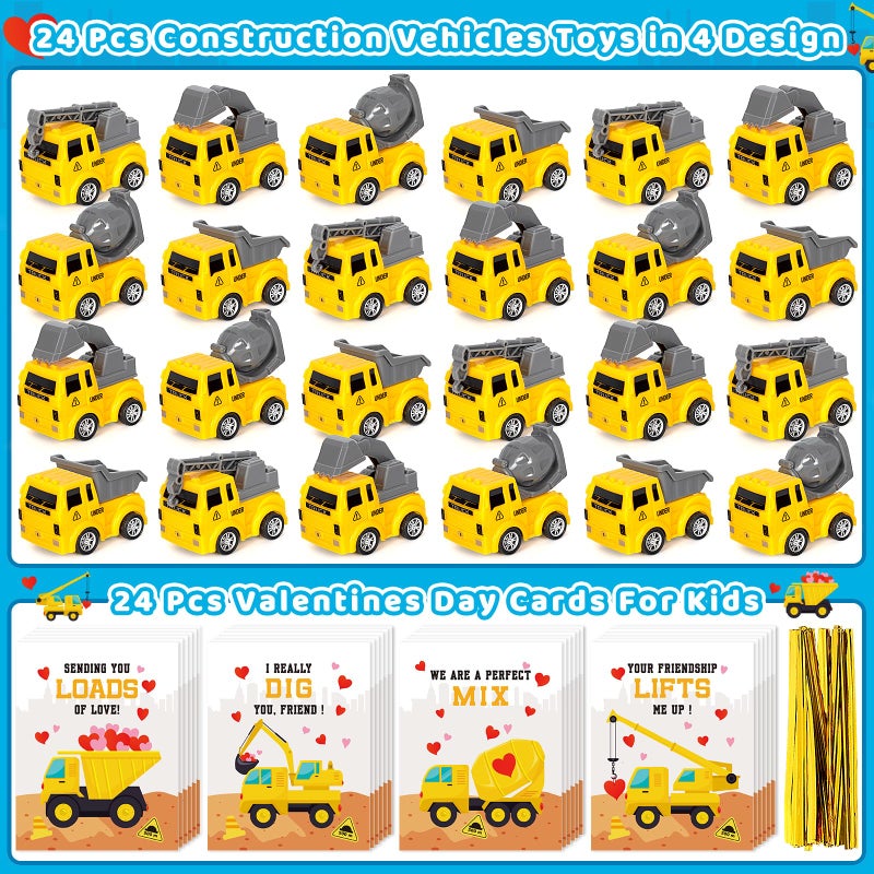 Duchong Valentines Day Cards for Kids School, 24 Packs Construction Vehicle Truck with Greeting Cards, Valentines Party Favor, Classroom Exchange Prizes, Ideal Valentines Gifts for Boys Girls - Image 2