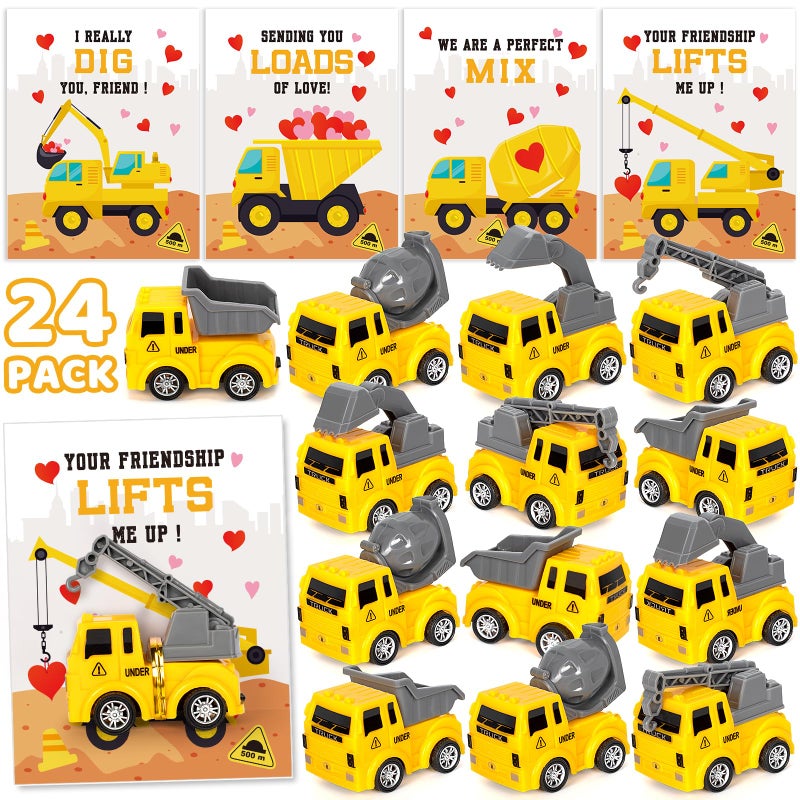 Duchong Valentines Day Cards for Kids School, 24 Packs Construction Vehicle Truck with Greeting Cards, Valentines Party Favor, Classroom Exchange Prizes, Ideal Valentines Gifts for Boys Girls - Image 1