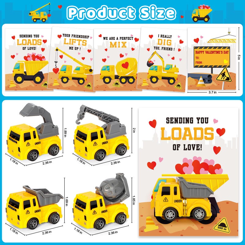 Duchong Valentines Day Cards for Kids School, 24 Packs Construction Vehicle Truck with Greeting Cards, Valentines Party Favor, Classroom Exchange Prizes, Ideal Valentines Gifts for Boys Girls - Image 3