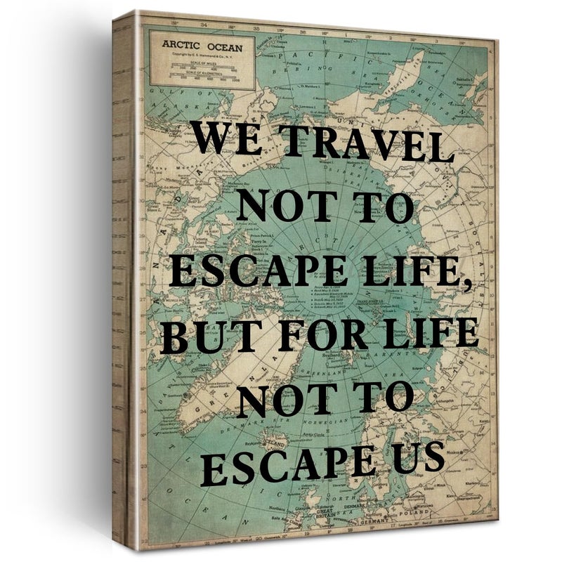 Zauly Retro Style Inspirational Travel Quote Print Canvas Wall Art Home Office Decor We Travel not to Escape Life Painting Ready to Hang 12x15 Canvas Poster Framed - Image 1