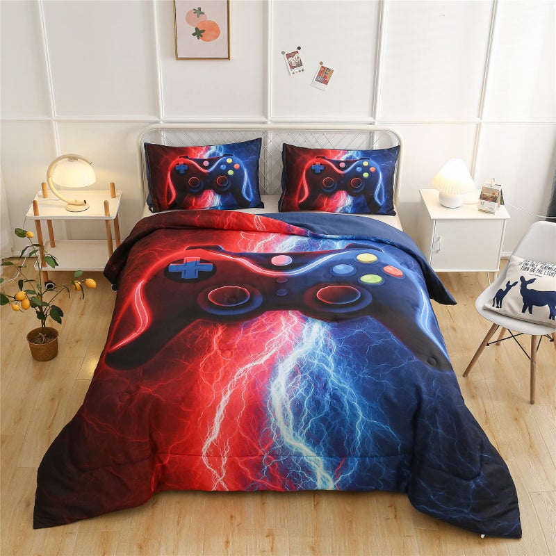 Meeting Story Meeting Story Gamer Gaming Bedding Sets RedBlue Lightnings Gamepad Comforter Set for Boys Games Console Action Buttons Novelty Colorful Modern Room Decor Home Quilt Set RedBlue Full 
