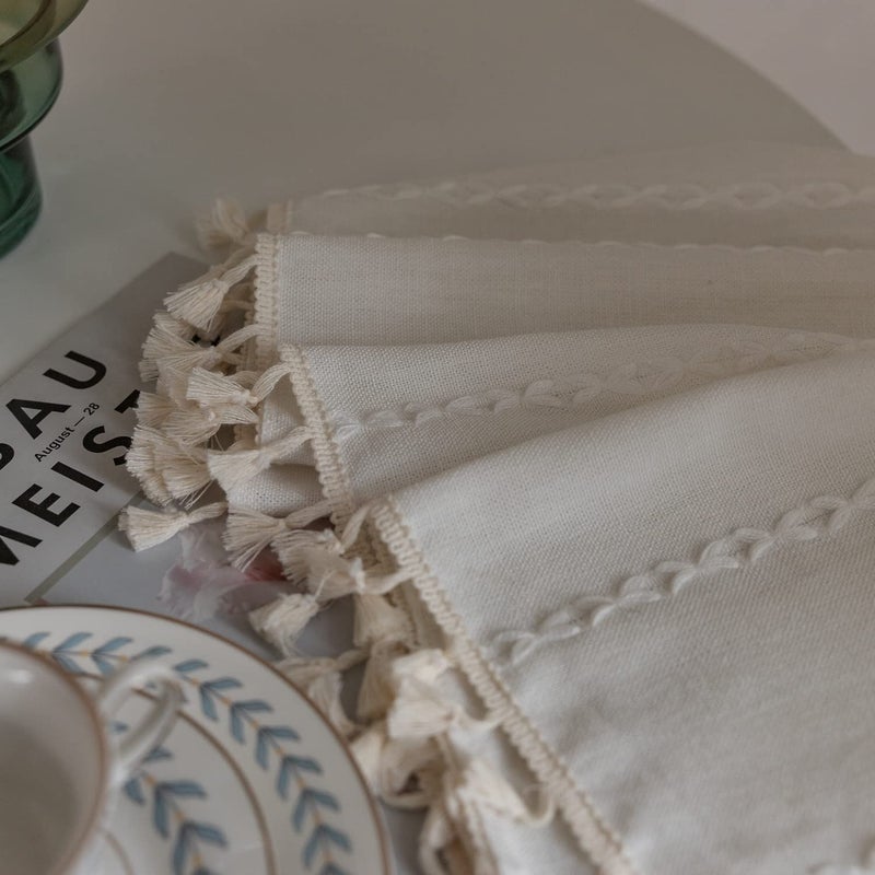 Deeprove White Boho Tassel Valance for Cafe Kitchen Decor  Bohemian Farmhouse Cream Cotton Linen Short Curtains French Country Window Treatments Tier Panel  W52 x L18  1 Piece - Image 4