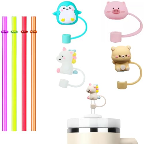 Jubobu Straw Cover Cap,4pcs Cute Silicone Straw Covers Cap With Straws,Silicone Straw Topper,Anti-Dust Silicone Straw Caps,Dust-Proof Straw Plug,Reusable Straw Tips Lids (8mm Diameter, With 4pcs Straw) (4) - Image 1