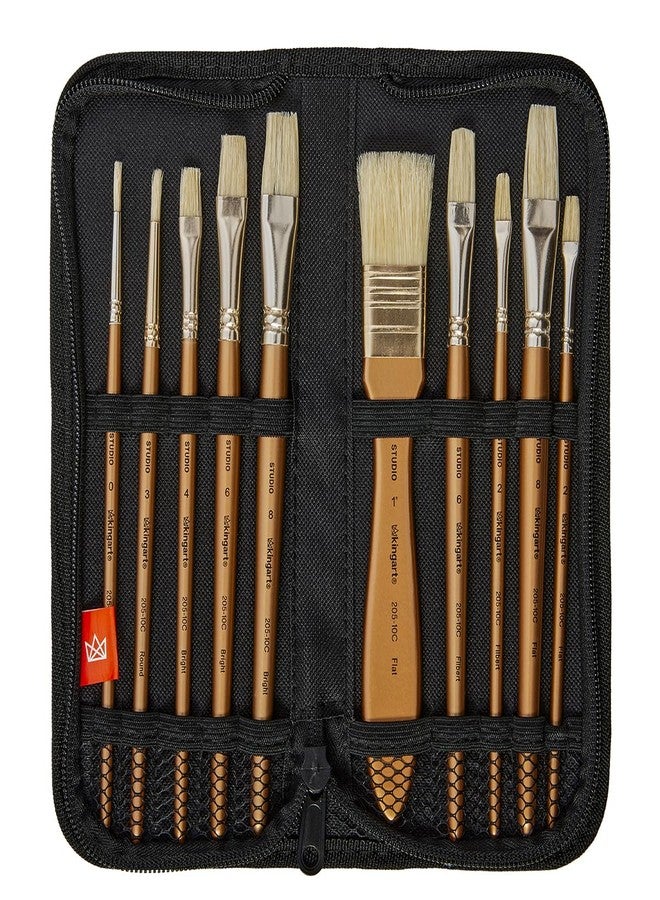 KINGART Natural Bristle Oil & Acrylic Painting Brush Set in Travel Case, Set of 10 - Image 1