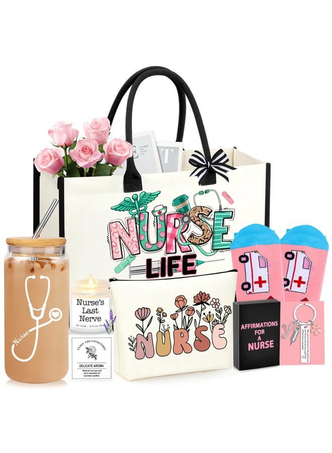 Dogmem Nurse Gifts Graduation Nurses Week Appreciation Set Canvas Bag Socks 16 Oz Can Glass - Image 1