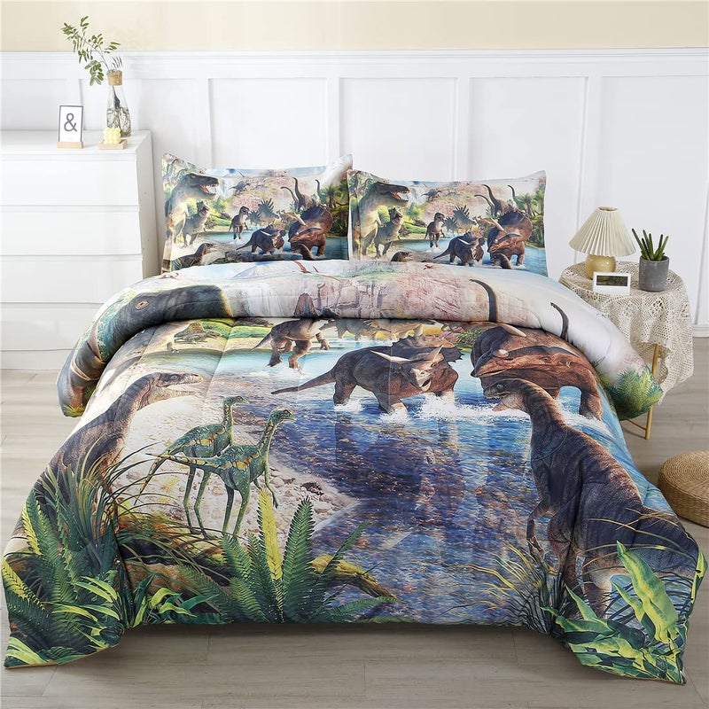 WINLIFE Dinosaur Twin Comforter Set Kids Bedding T-Rex 3D Jurassic Dinosaur Comforter Set for Boys Teen, Soft Lightweight Children Bed Sets (3 Pieces, Twin) - Image 1