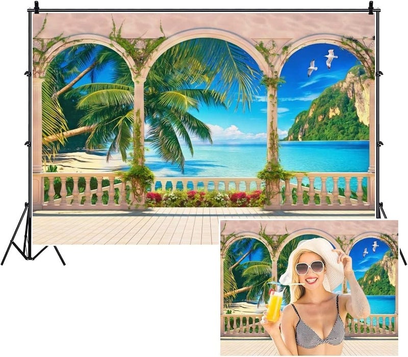 Yeele 5x3ft Balcony Garden Sea View Room Backdrop Ocean Beach Palm Tree Nature Scenery Photography Background Travel Vacation Party Decoration Kids Adults Portrait Shooting Vinyl Photo Studio Props - Image 1