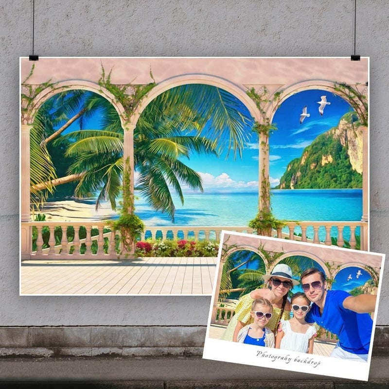 Yeele 5x3ft Balcony Garden Sea View Room Backdrop Ocean Beach Palm Tree Nature Scenery Photography Background Travel Vacation Party Decoration Kids Adults Portrait Shooting Vinyl Photo Studio Props - Image 2