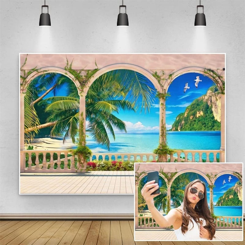 Yeele 5x3ft Balcony Garden Sea View Room Backdrop Ocean Beach Palm Tree Nature Scenery Photography Background Travel Vacation Party Decoration Kids Adults Portrait Shooting Vinyl Photo Studio Props - Image 3