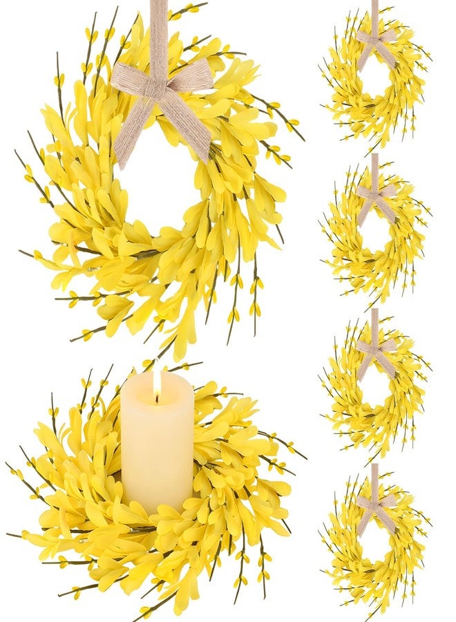 YLOLUL 6 PCS 9'' Mini Spring Forsythia Wreath for Front Door Small Artificial Forsythia Farmhouse Kitchen Cabinet Wreaths with Burlap Ribbon Hanging Spring Summer Floral Wreaths for Porch Wall Window Decor - Image 1