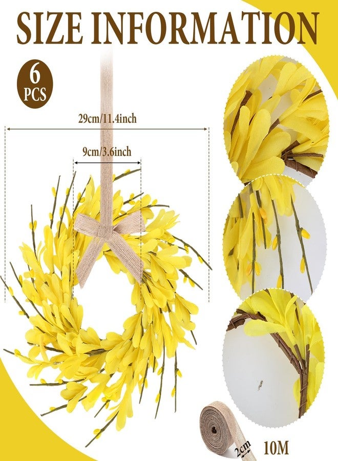 YLOLUL 6 PCS 9'' Mini Spring Forsythia Wreath for Front Door Small Artificial Forsythia Farmhouse Kitchen Cabinet Wreaths with Burlap Ribbon Hanging Spring Summer Floral Wreaths for Porch Wall Window Decor - Image 3