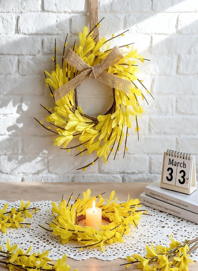 YLOLUL 6 PCS 9'' Mini Spring Forsythia Wreath for Front Door Small Artificial Forsythia Farmhouse Kitchen Cabinet Wreaths with Burlap Ribbon Hanging Spring Summer Floral Wreaths for Porch Wall Window Decor - Image 2