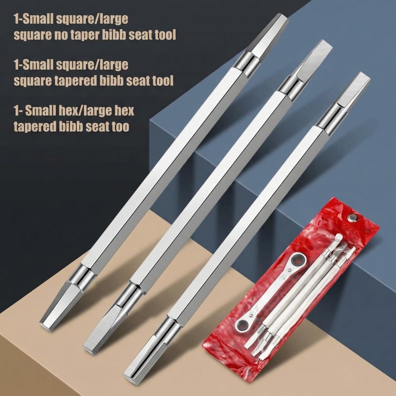 Chumia 4 Pcs Metal Seat Removal Set Including 3 Removal Tools and a 3/8 Inch and 7/16 Inch Ratchet Shower Cartridge Faucet, Remove and Install Hex or Square Faucet Seats Tool - Image 5