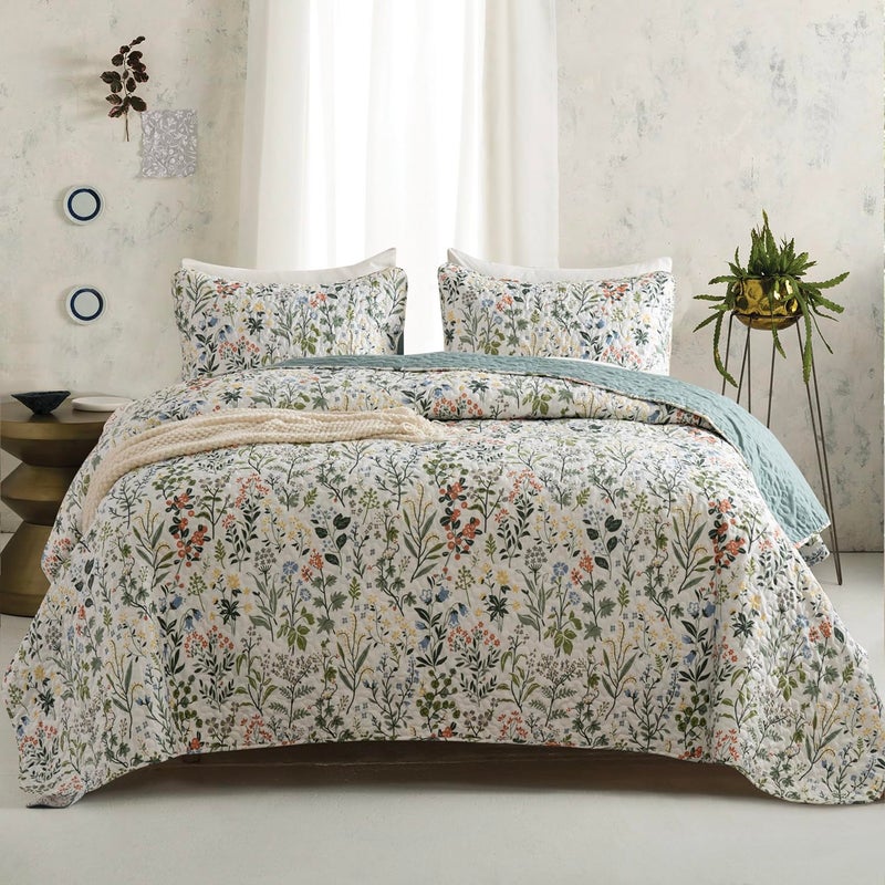 BUPIRD Floral Quilt Set King 3 Pieces Soft Lightweight Microfiber Bedspread Coverlet King Quilt Bedding Set Garden Botanical Floral Printed Quilt Set 1 Quilt and 2 Pillow Shams for All Season - Image 1