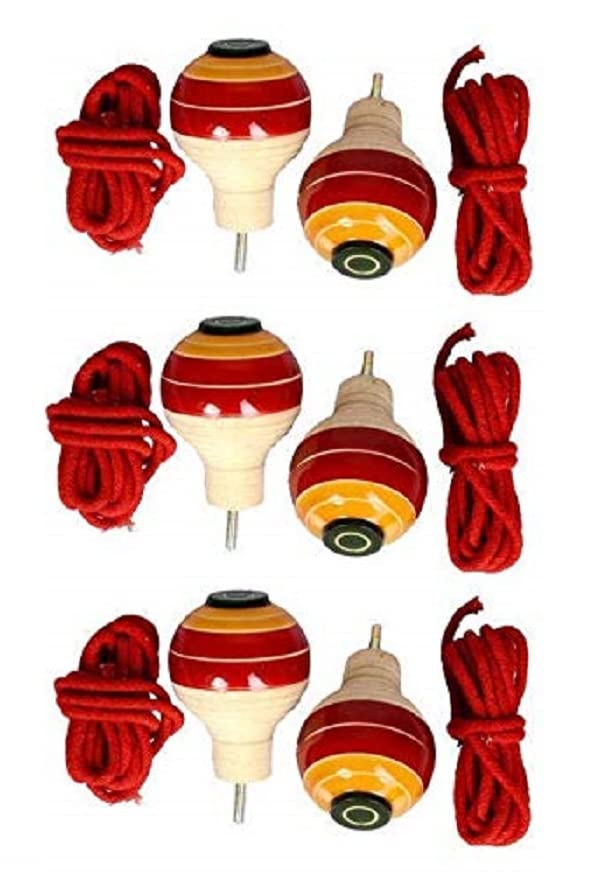 Amit Marketing Wooden Spinning Lattu Pack of 6 Pcs - Multicolor I with Thread I Bhawra I Latto I Bambaram I Traditional Indian Game I Outdoor Games I Fun & Therapeutic I Toys for Kids & Adults - Image 1