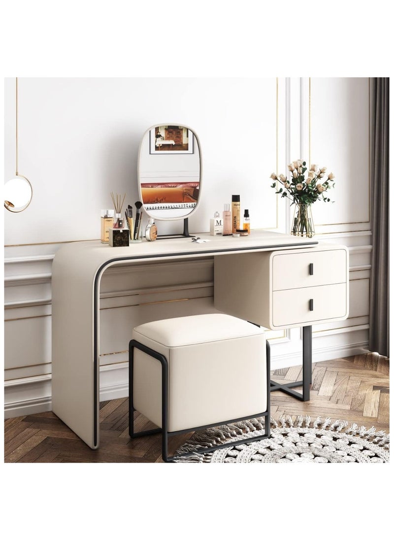 Modern Extendable Makeup Vanity Table with Upholstered Stool and HD Mirror White Leather Makeup Desk with 2 Solid Wood Drawers Dressing Table Set for Bedroom and Dressing Room Furniture. - pzsku/ZE0C6E3F4BE1E99D0E268Z/45/_/1732789953/aff8e08b-955d-4f2c-9bda-e13aa046e1c8