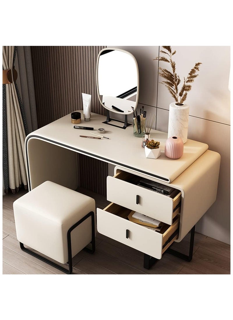 Modern Extendable Makeup Vanity Table with Upholstered Stool and HD Mirror White Leather Makeup Desk with 2 Solid Wood Drawers Dressing Table Set for Bedroom and Dressing Room Furniture. - pzsku/ZE0C6E3F4BE1E99D0E268Z/45/_/1732789954/14c5e95e-b7c4-4bd1-8e76-5e2a2a15f585