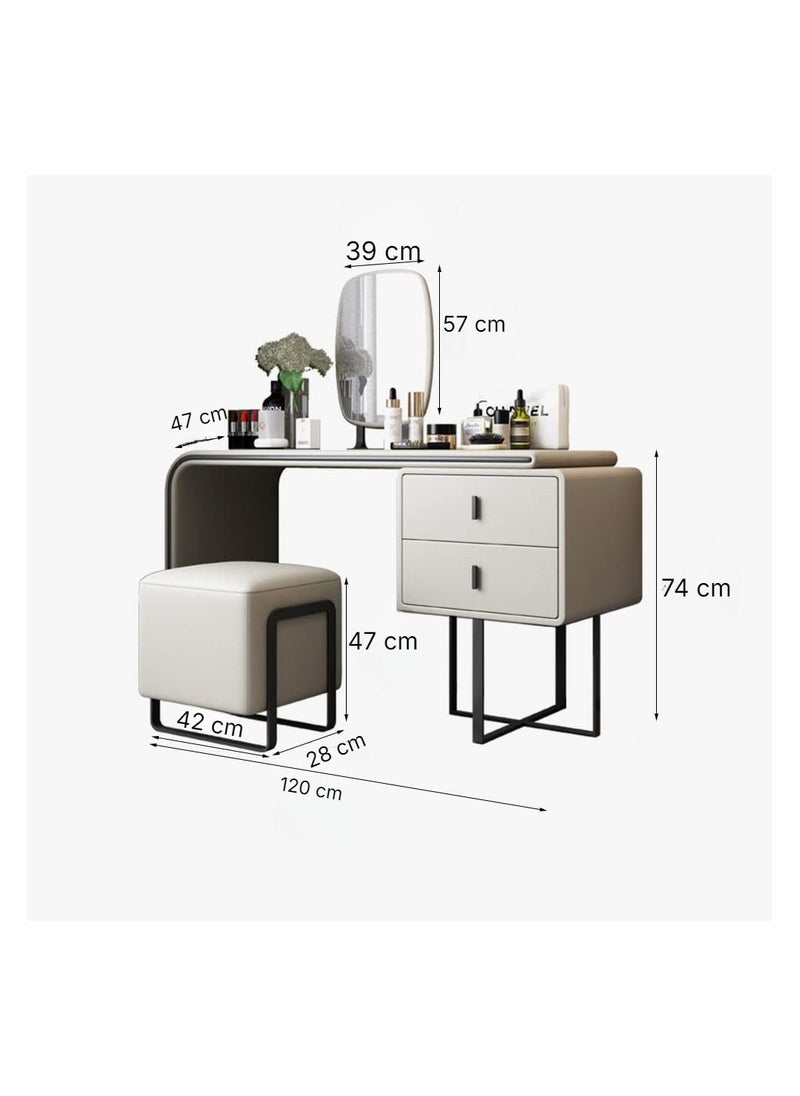 Modern Extendable Makeup Vanity Table with Upholstered Stool and HD Mirror White Leather Makeup Desk with 2 Solid Wood Drawers Dressing Table Set for Bedroom and Dressing Room Furniture. - pzsku/ZE0C6E3F4BE1E99D0E268Z/45/_/1732789956/a96ec1c6-3d94-47ff-9e58-f8395fcb723d