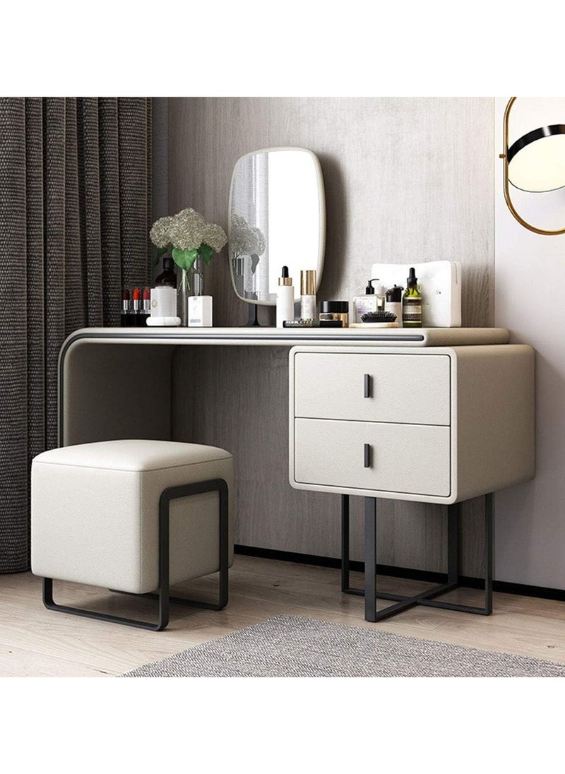 Modern Extendable Makeup Vanity Table with Upholstered Stool and HD Mirror White Leather Makeup Desk with 2 Solid Wood Drawers Dressing Table Set for Bedroom and Dressing Room Furniture. - pzsku/ZE0C6E3F4BE1E99D0E268Z/45/_/1732790007/86d0cd93-2e71-439a-9b92-5eb649be2e86