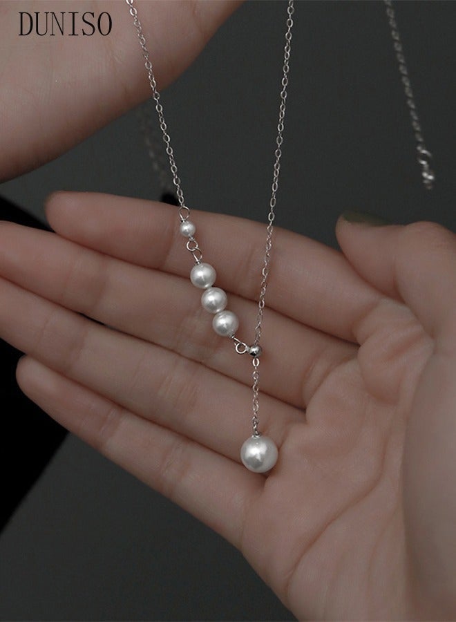 DUNISO Pearl Necklace 925 Sterling Silver Choker Necklace Silver Choker Chain Pearl Pendant Necklace Simple Necklace Chain Jewelry for Women Teen Girls - Image 2