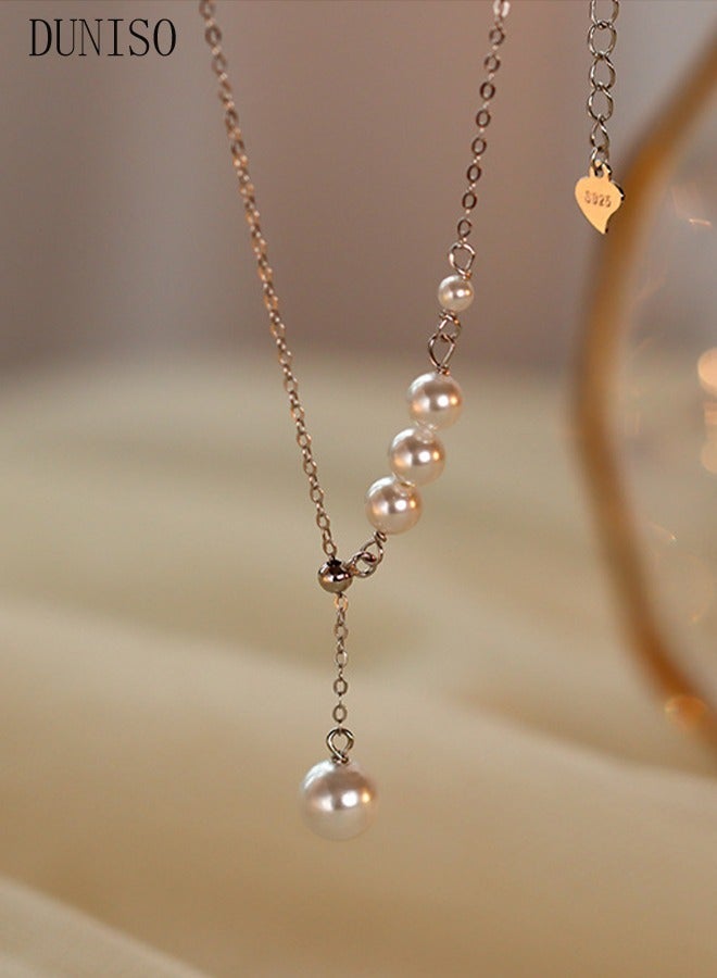 DUNISO Pearl Necklace 925 Sterling Silver Choker Necklace Silver Choker Chain Pearl Pendant Necklace Simple Necklace Chain Jewelry for Women Teen Girls - Image 3