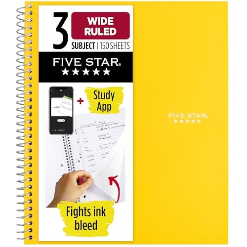 Five Star Spiral Notebook + Study App, 3 Subject, Wide Ruled Paper, 8" x 10-1/2", 150 Sheets, Fights Ink Bleed, Water Resistant Cover, Harvest Yellow (73463) - Image 1