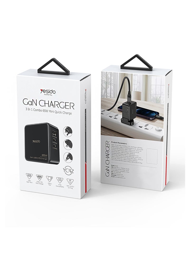 Yesido - Yesido YC42 GaN Charger with 3 Ports  (3 in 1) Replacible Charging Plug 65W Mini Fast Charger for EU US UK - Black - Image 1