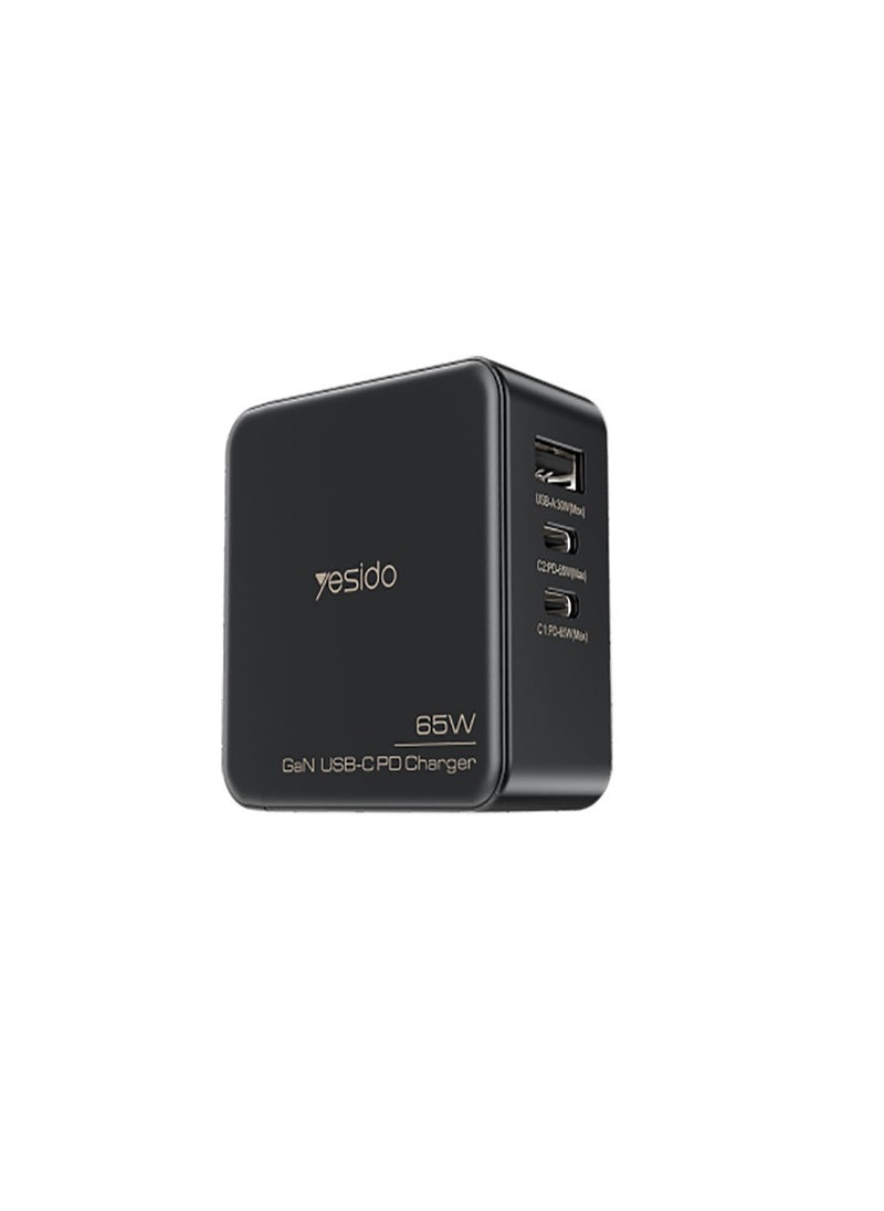 Yesido - Yesido YC42 GaN Charger with 3 Ports  (3 in 1) Replacible Charging Plug 65W Mini Fast Charger for EU US UK - Black - Image 1