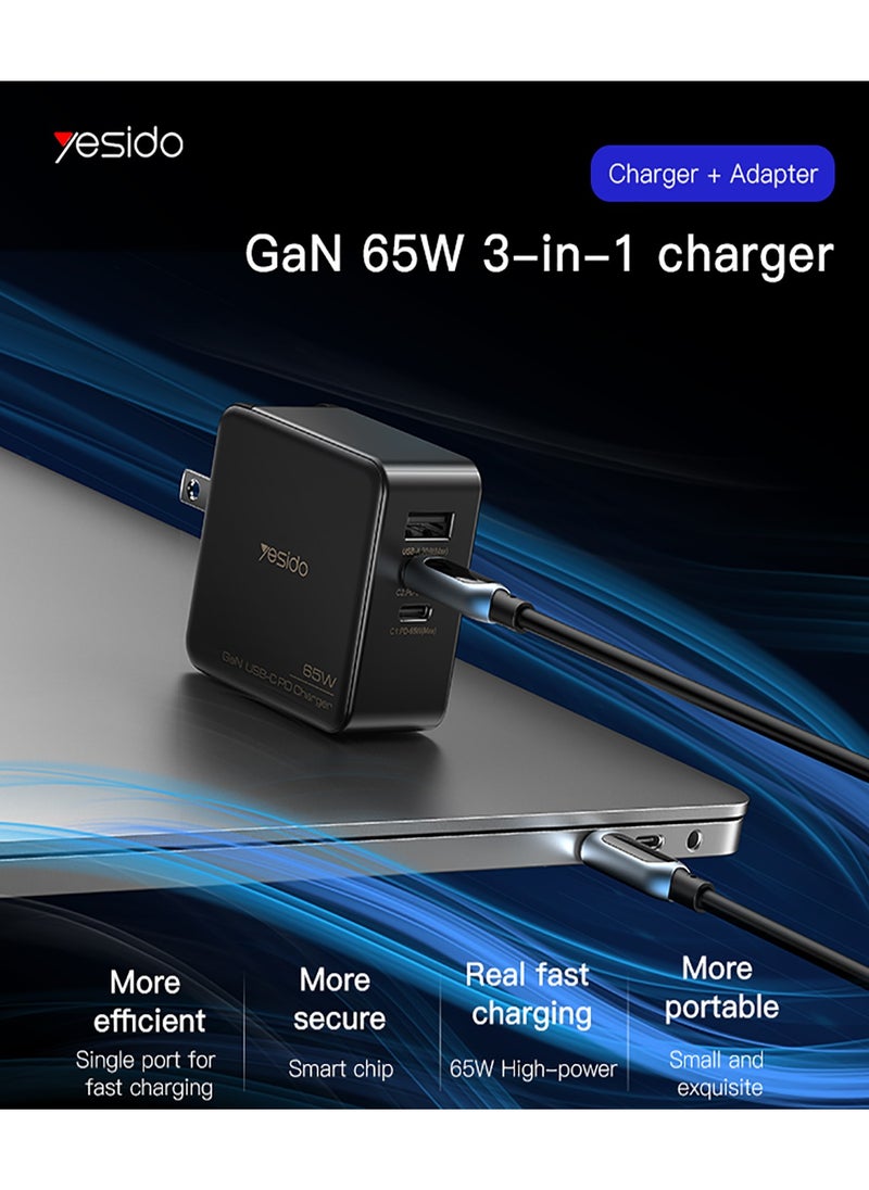 Yesido - Yesido YC42 GaN Charger with 3 Ports  (3 in 1) Replacible Charging Plug 65W Mini Fast Charger for EU US UK - Black - Image 1