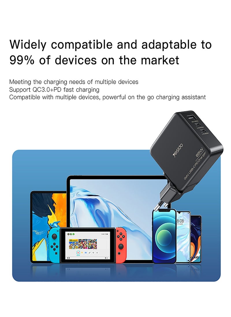 Yesido - Yesido YC42 GaN Charger with 3 Ports  (3 in 1) Replacible Charging Plug 65W Mini Fast Charger for EU US UK - Black - Image 1