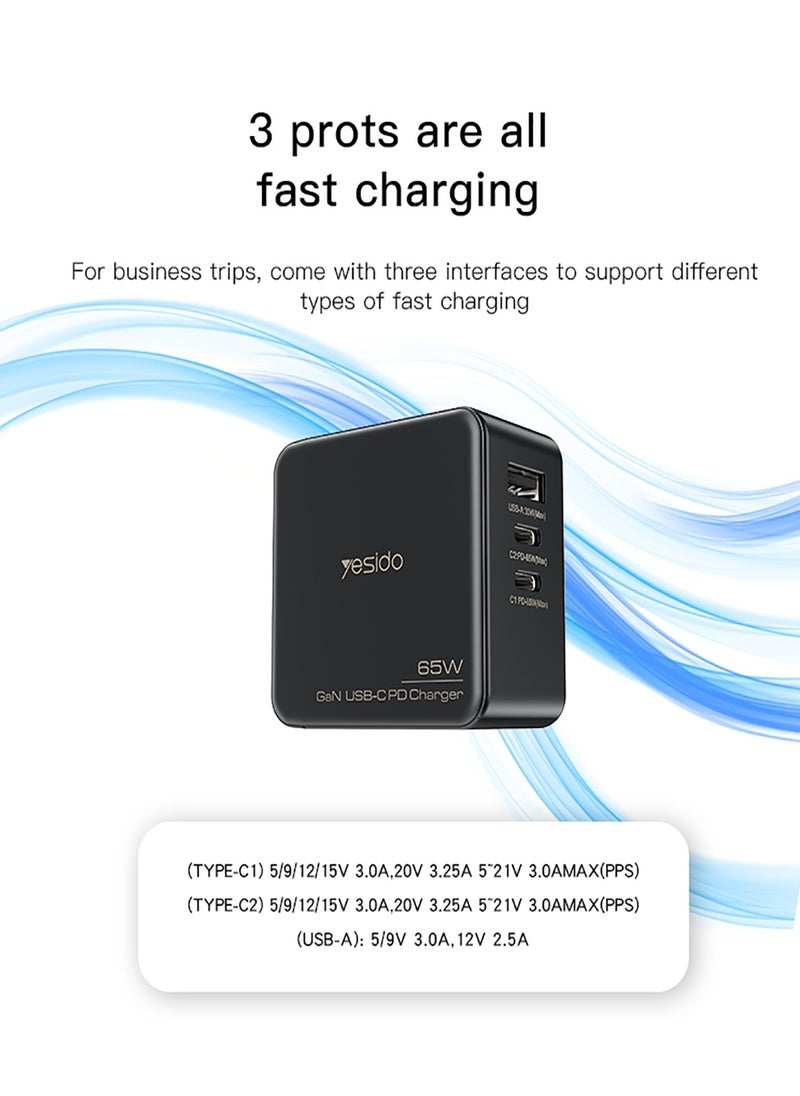 Yesido - Yesido YC42 GaN Charger with 3 Ports  (3 in 1) Replacible Charging Plug 65W Mini Fast Charger for EU US UK - Black - Image 1