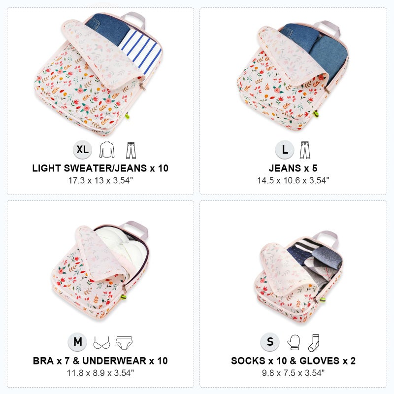 Gonex Compression Packing Cubes, 4pcs Expandable Storage Travel Luggage Bags Organizers (Floral Pink) - Image 3