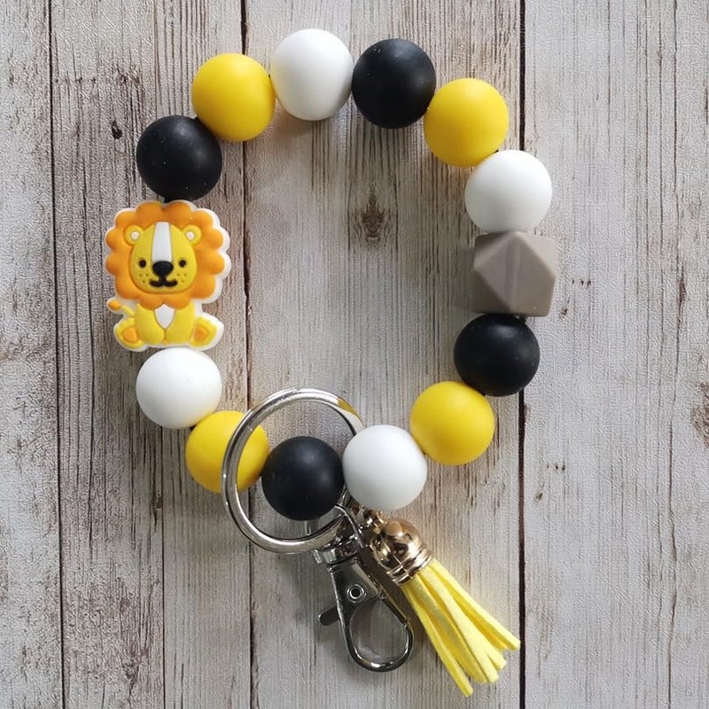 QRH Highland Cow Keychain Cattle Elk Elephants Wristlet Animal Tassel Key Ring Bead Bracelet for Girls Women Gift -Lion - Image 2