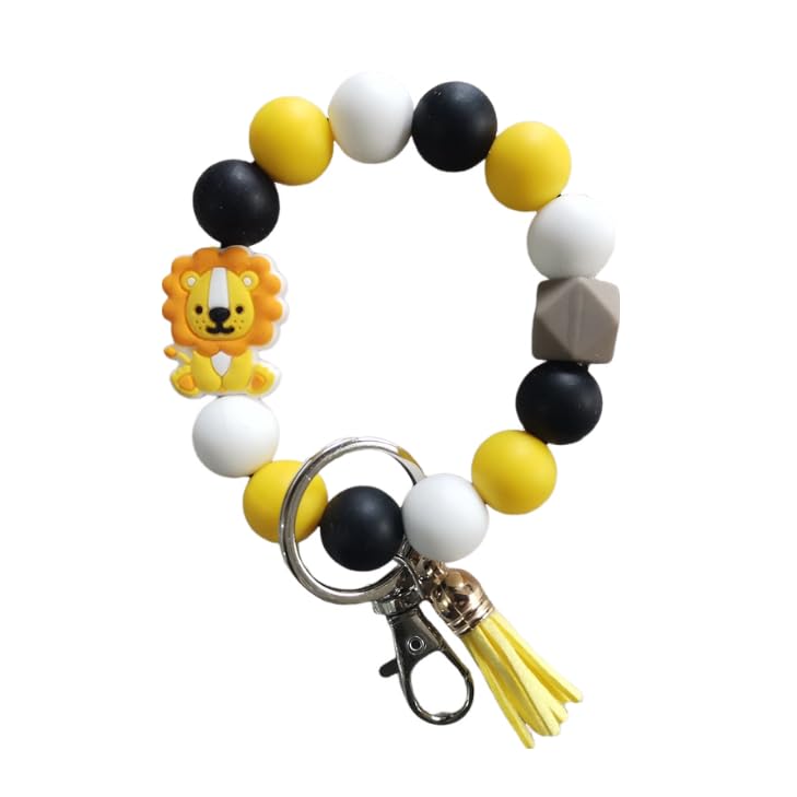 QRH Highland Cow Keychain Cattle Elk Elephants Wristlet Animal Tassel Key Ring Bead Bracelet for Girls Women Gift -Lion - Image 1