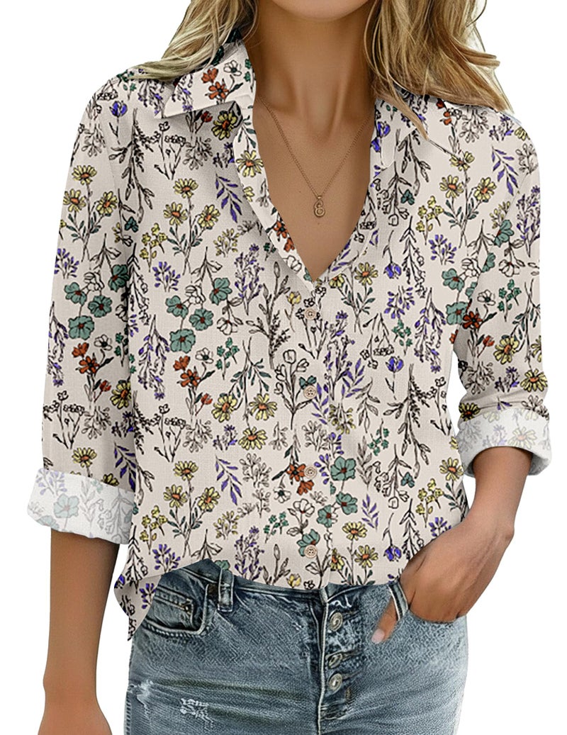 Zeagoo Cotton Blouses for Women Dressy Floral Button Down Shirts Fall Fashion Outfits Long Sleeve Linen Print Tops - Image 1