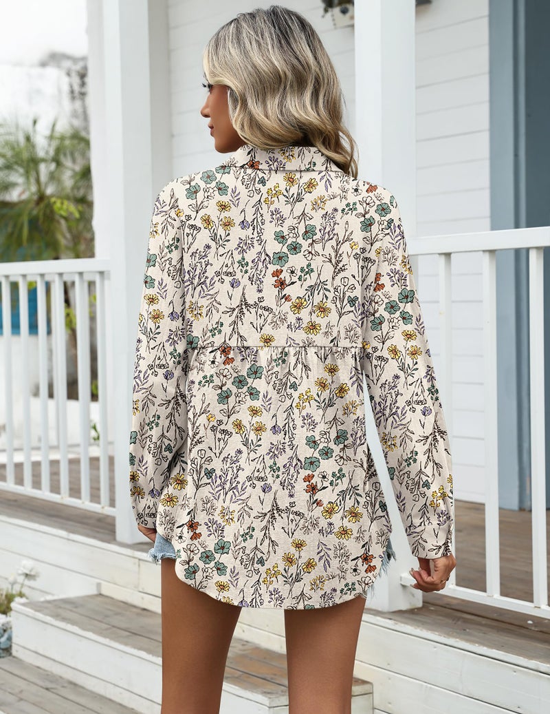 Zeagoo Cotton Blouses for Women Dressy Floral Button Down Shirts Fall Fashion Outfits Long Sleeve Linen Print Tops - Image 4