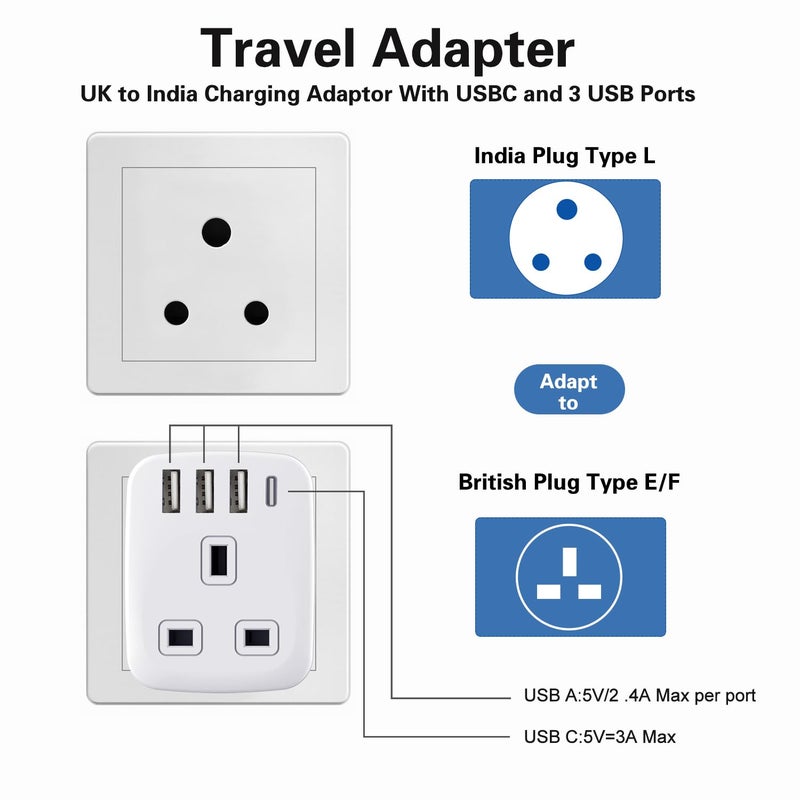Amoi UK to India Plug Adapter India to UK Plug Adapter Sri Lanka Plug Adapter,- 4 USB Ports 17W USB C Fast Travel Charger, Grounded, For India, Pakistan, Sri Lanka, Yemen (Type D) - Image 2