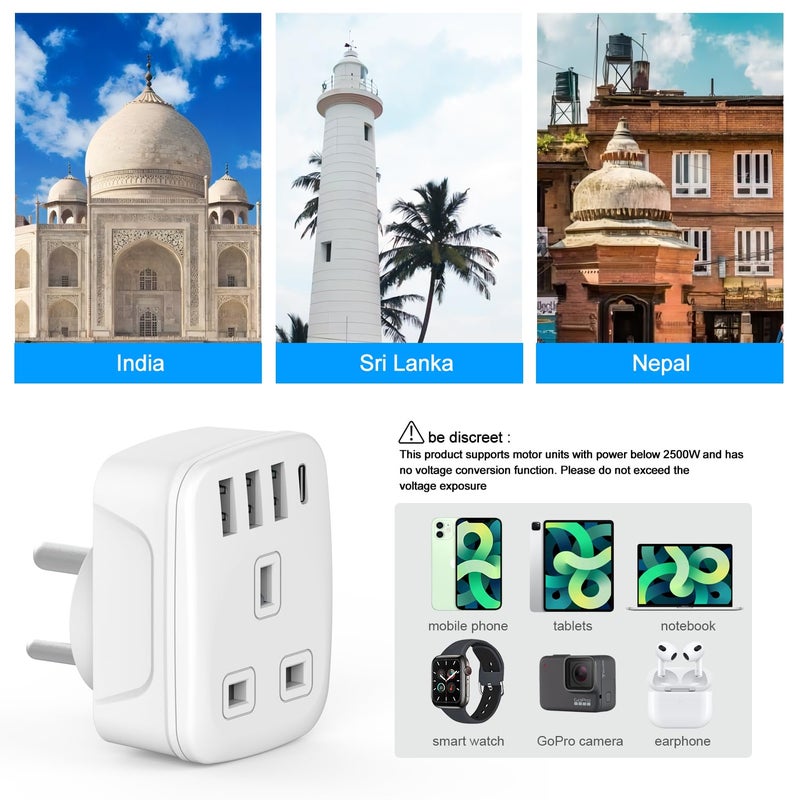 Amoi UK to India Plug Adapter India to UK Plug Adapter Sri Lanka Plug Adapter,- 4 USB Ports 17W USB C Fast Travel Charger, Grounded, For India, Pakistan, Sri Lanka, Yemen (Type D) - Image 4