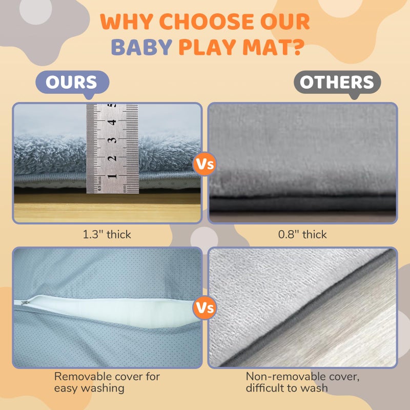 Omzer Baby Play Mat for Floor: Soft & Safe - 1.3'' Thick Foam Playpen Mat with Machine Washable Removable Coth Cover for Tummy Time- Non Slip Crawling Pad for Toddler,Infant,Kids(Grey, 47''x 47'') - Image 3