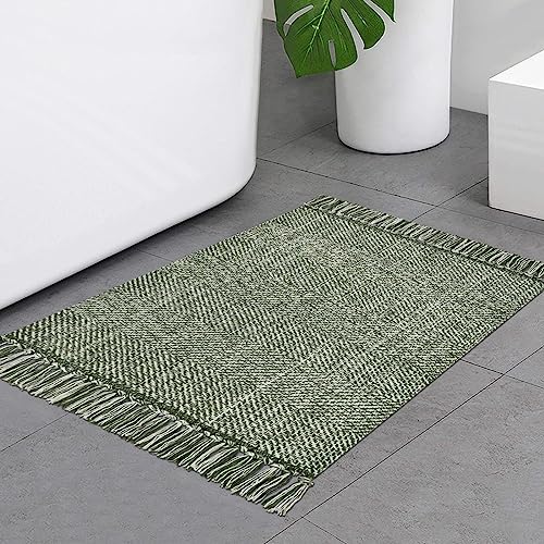 Collive Small Bathroom Rug, 2' x 3' Hand-Woven Low Profile Front Entryway Rug, Olive Green/Cream Cotton Reversible Washable Kitchen Mat Modern Farmhouse Carpet for Foyer Bedroom Back Door Decor - Image 1