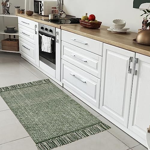 Collive Small Bathroom Rug, 2' x 3' Hand-Woven Low Profile Front Entryway Rug, Olive Green/Cream Cotton Reversible Washable Kitchen Mat Modern Farmhouse Carpet for Foyer Bedroom Back Door Decor - Image 2
