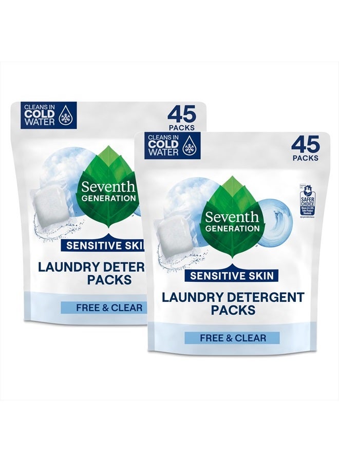 Seventh Generation Laundry Detergent Packs, Free & Clear, Made for Sensitive Skin, EPA Safer Choice Certified, 90 Loads (2 pouches, 45 Ct EA)  - Image 1