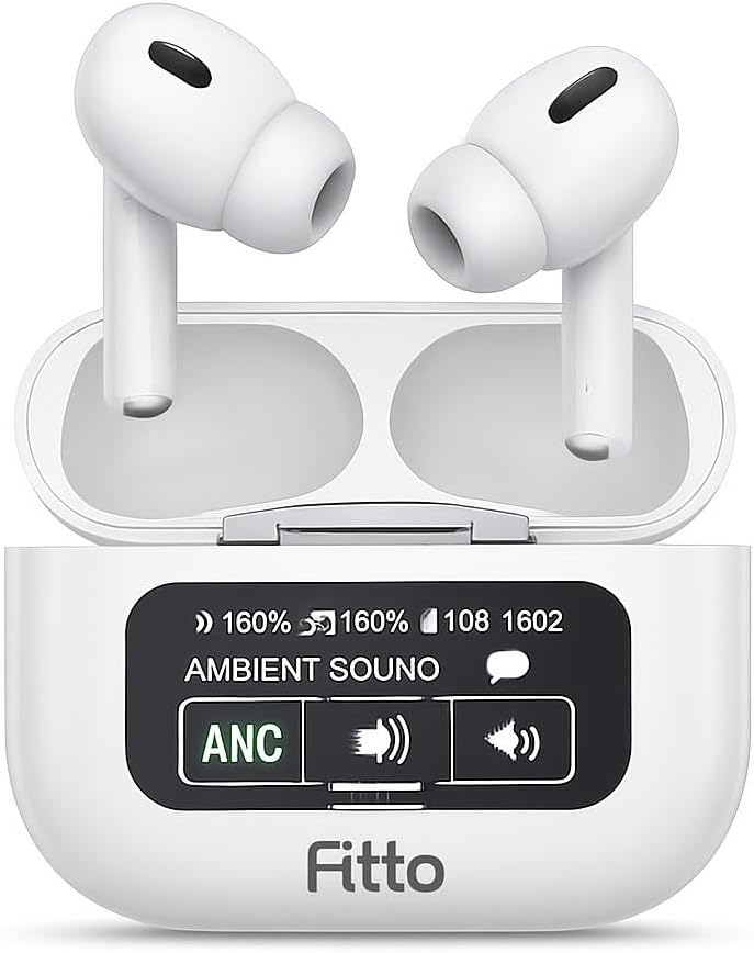 Fitto Wireless Earbuds with Noise Reduction, Touch Control, and Display Screen - White